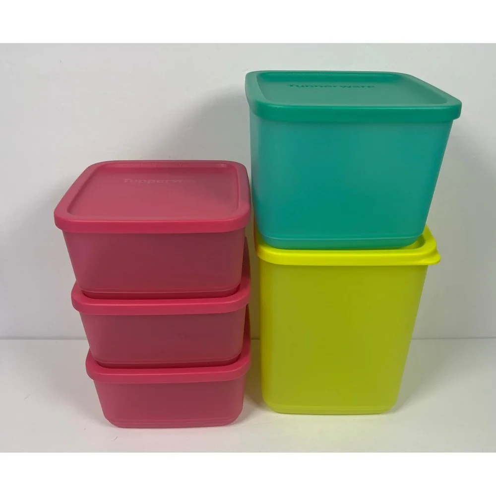 Tupperware‎ Basic Bright Square Storage Container Set 5 Pink Yellow Green
